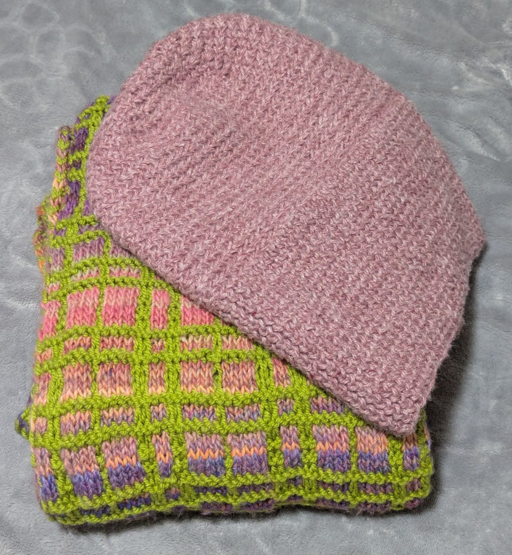 herringbone beanie with mosaic plaid scarf/ shawl