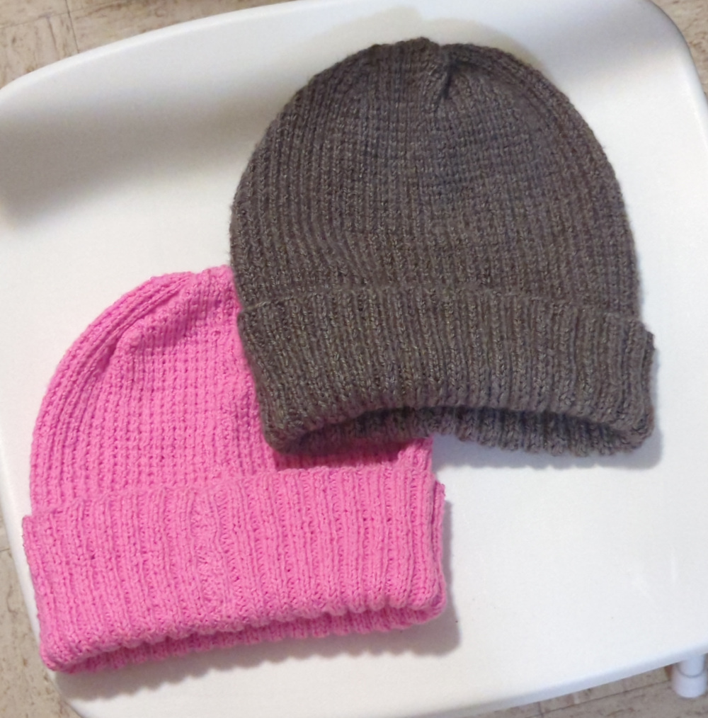 Sloan beanies, pink and dark camel, folded